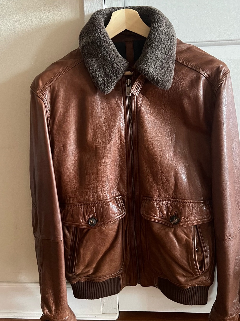 Massimo Dutti Brown Leather Bomber Jacket with Shearling Collar